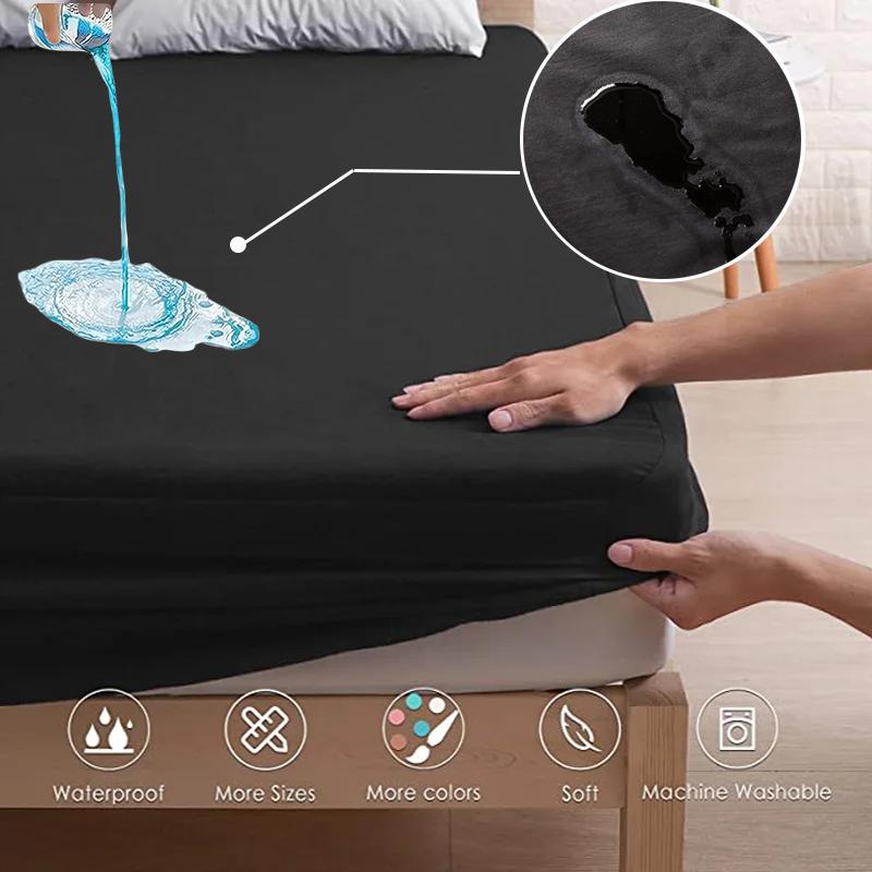 All-Season Waterproof Mattress Protector Soft Polyester Deep Pocket Sheet 8 Colors Modern Bed Fitted Sheet Durable Mattress Cover Bedding Bedspread