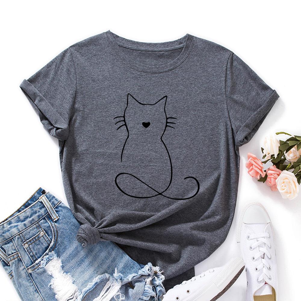 Cat Pattern Loose Cotton T-Shirt Short Sleeve Round Neck Women 2d Print Tops
