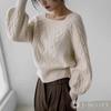 Cable Knit Pullover Sweater with Square Puff and Short Ivory J-Scott Women's Neck, Sleeves, Length, (JS125-IV-S)