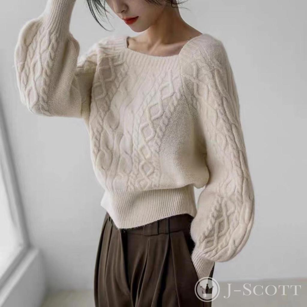 Cable Knit Pullover Sweater with Square Puff and Short Ivory J-Scott Women's Neck, Sleeves, Length, (JS125-IV-S)