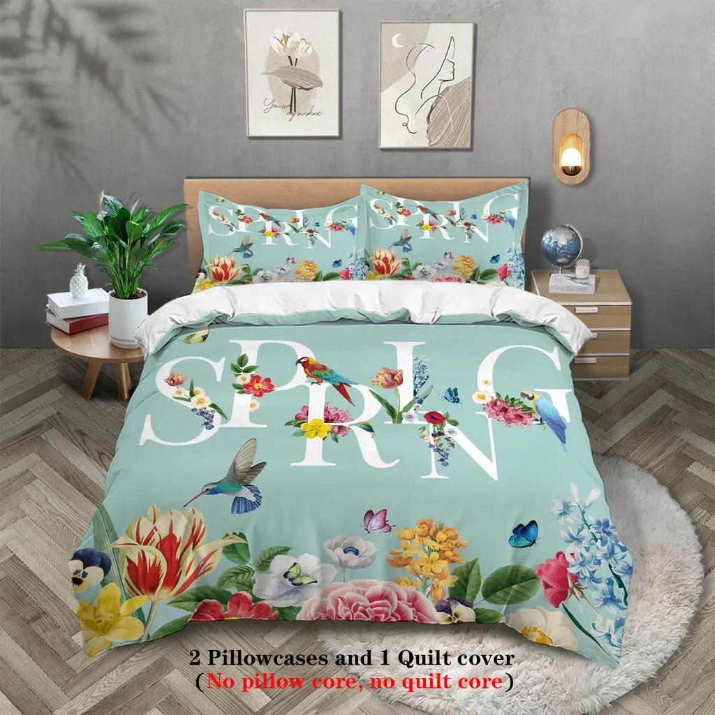 3pcs Spring Themed Bird and Flower Printed Bedding SetFor Bedroom Guest Room (1*Duvet Cover + 2*Pillowcase NO Core)