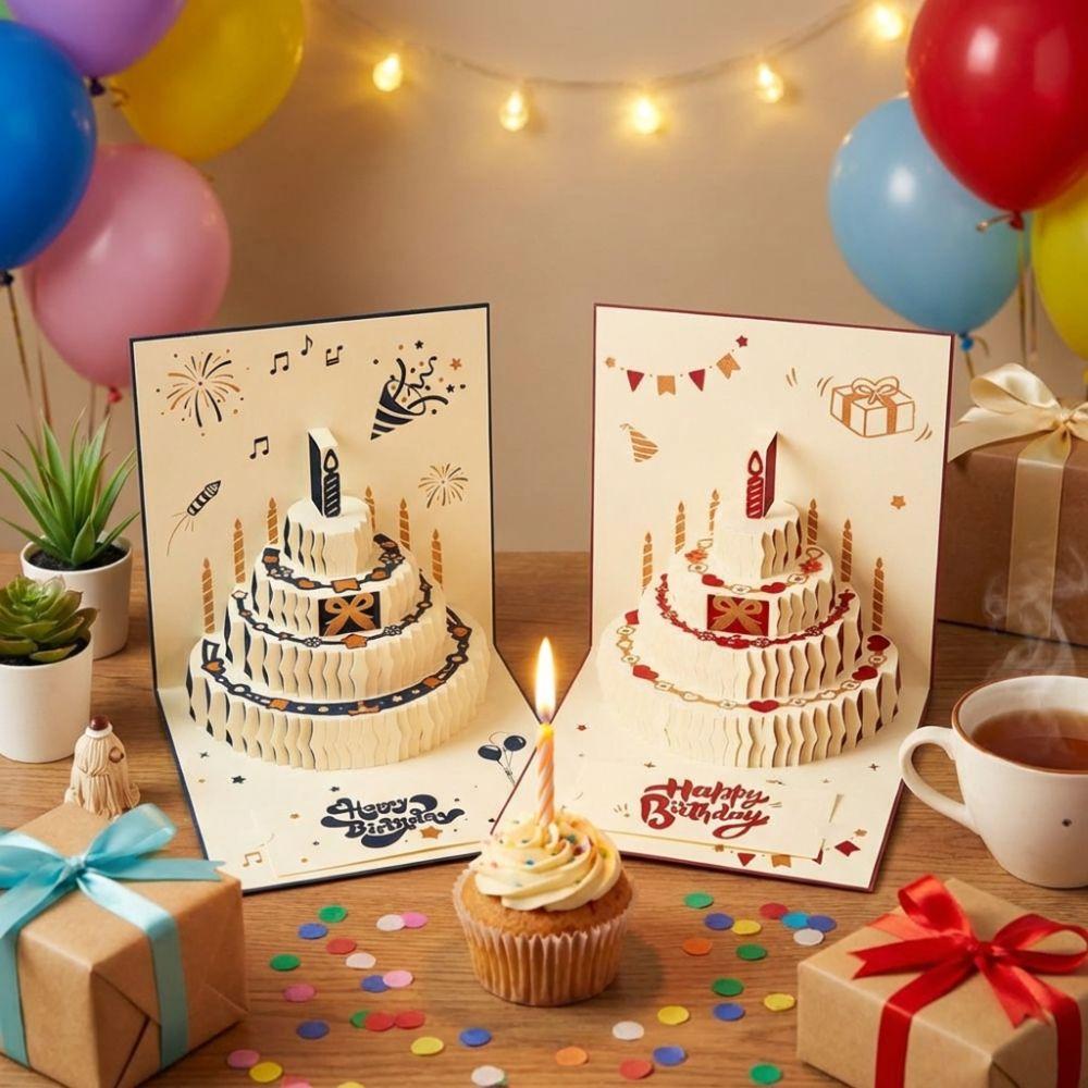 Colorful 3D Happy Birthday Card Four-Layer Cake Surprise Gift Folding Birthday Cake Card Best Wishes Postcard