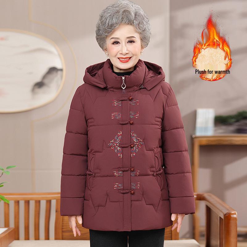 Elderly Women's Winter Jacket: Fleece-Lined Cotton Coat, New Chinese Style, Ideal for Mothers and Grandmothers