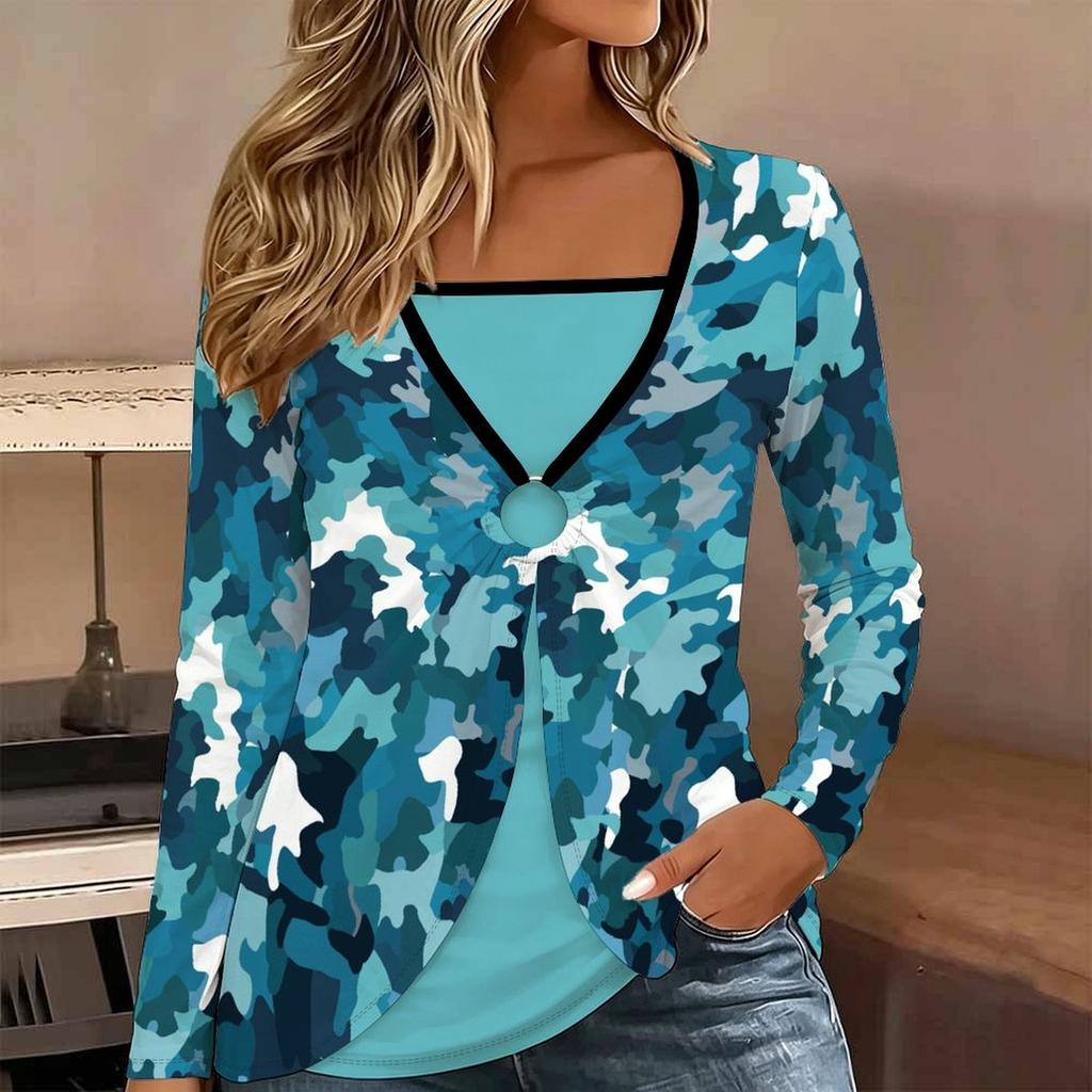 Tops for Women  Leopard Print Long Sleeve Fake Two‑Piece Top Fall Casual Slim Pullover Women's Long Sleeve Top