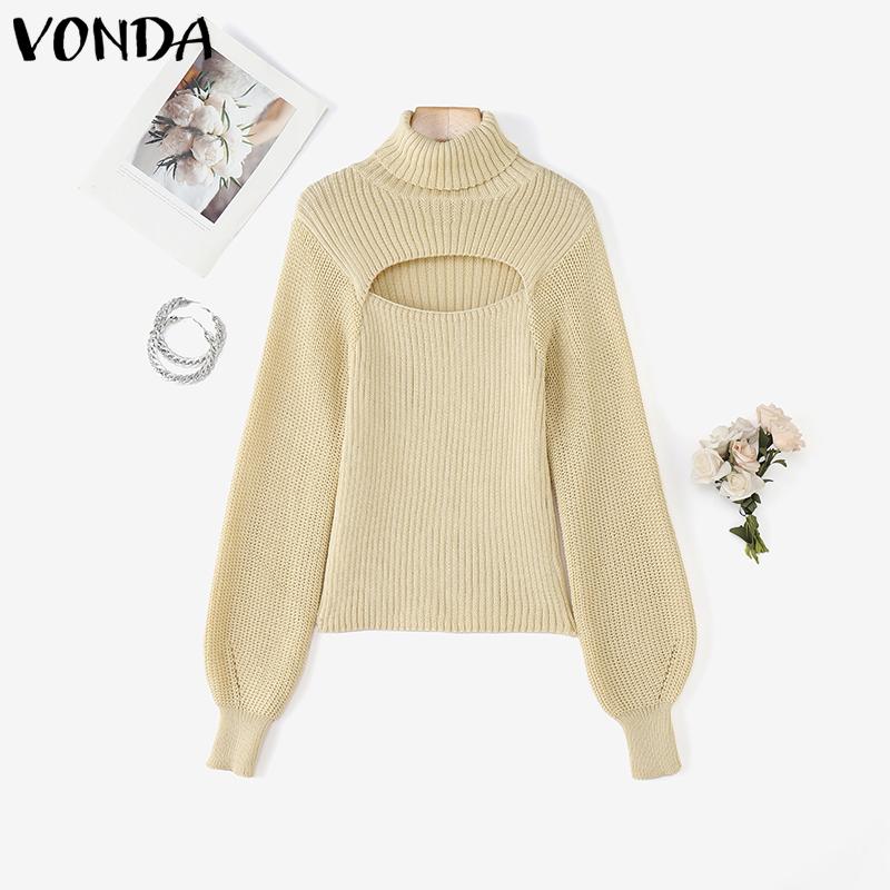 VONDA Women Turtleneck Long Sleeve Cutout Casual Fitted Knitwear Sweaters Jumpers