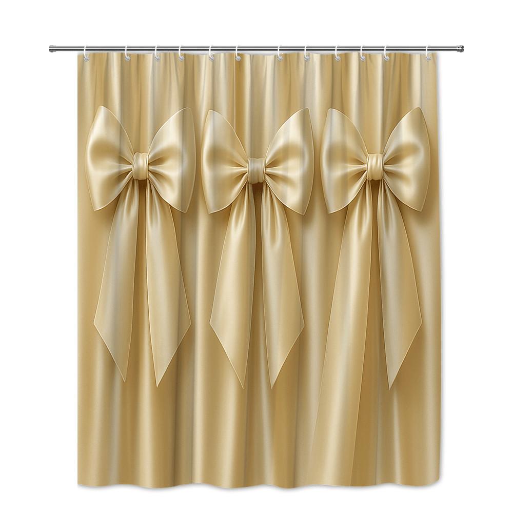 Golden Bow Shower Curtain Elegant Satin Ribbon Design Luxury Bathroom Decor Waterproof Easy To Install Elevate Your Space