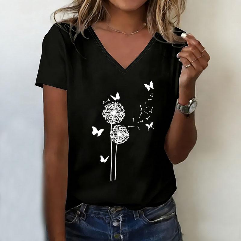 Dandelion Butterfly T-shirt V-neck Casual Fashion T-shirt XS