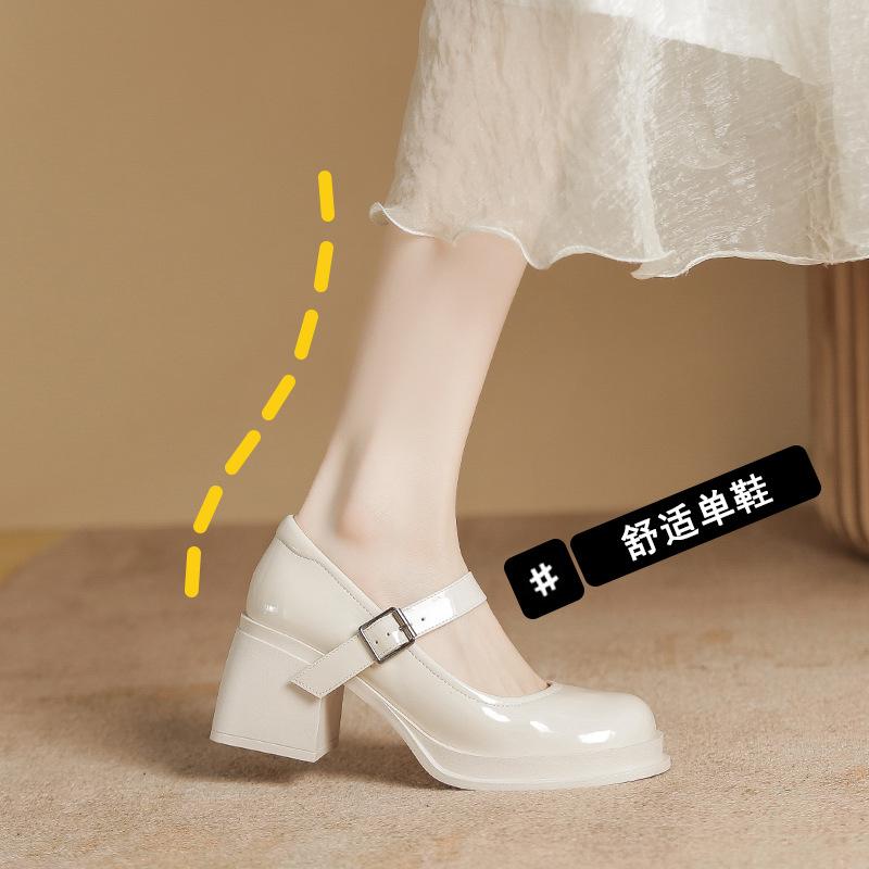 Mary Jane High Heels One-word Buckle Belt Square Head Patent Leather Temperament Thick Heel Single Shoes Are Not Tired