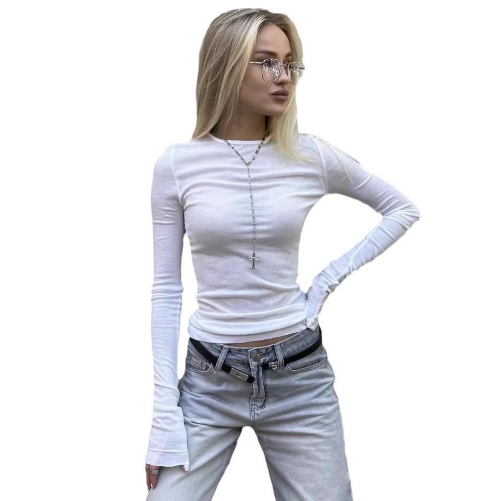 Autumn 2024 European & American Style Women's Slim Fit Solid Color Bell Sleeve Top
