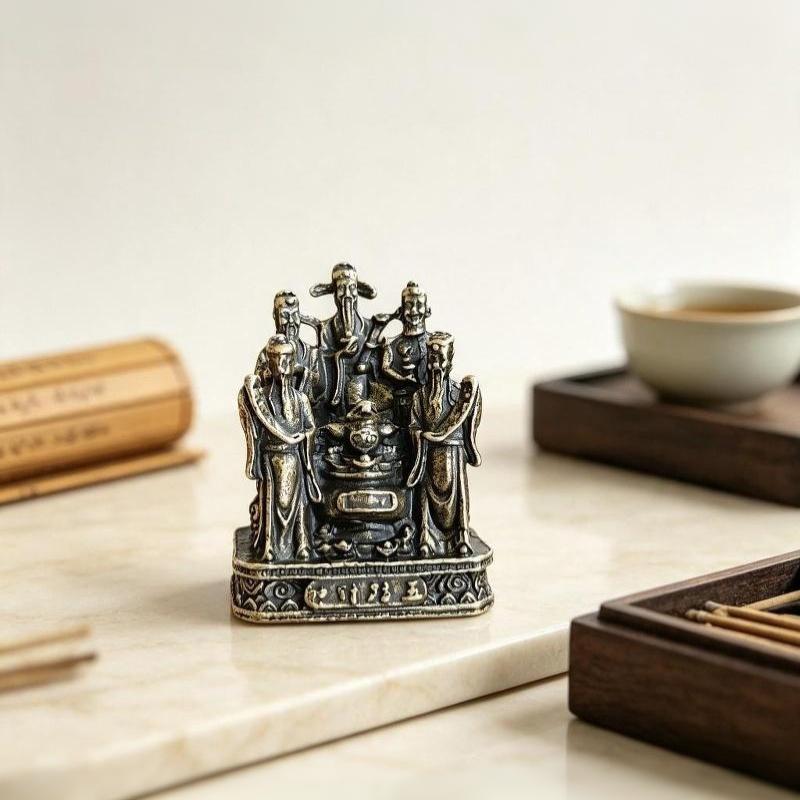 Brass Five Wealth Gods Statue Mini Antique Finish Fortune Blessing Figurine for Pocket Carry Altar Decor Souvenir Collection
