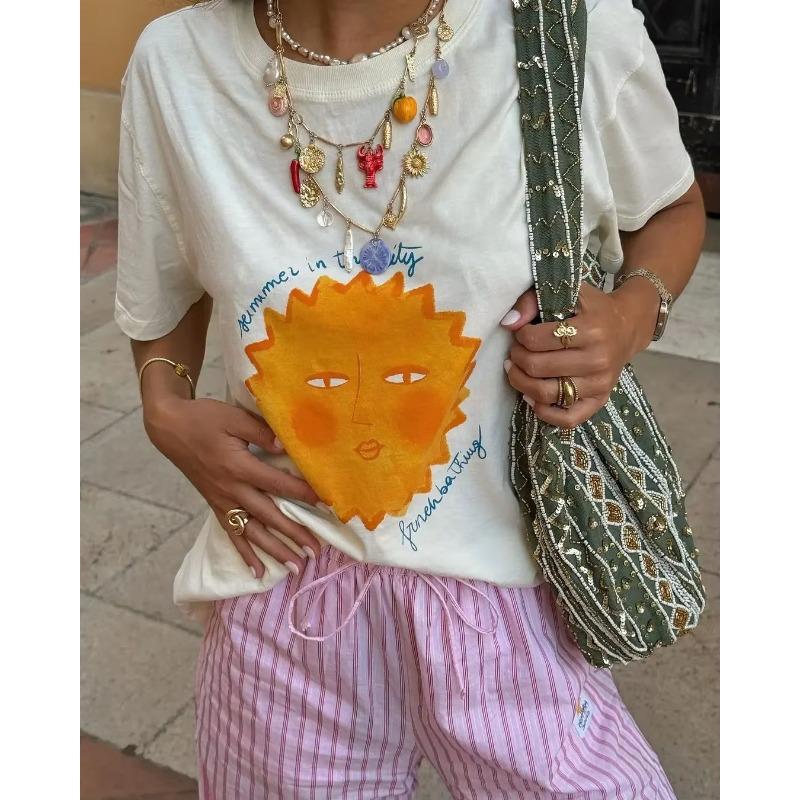 

Street American Cute Sun Graphic Tshirt Casual Gothic Clothing Women Pure Cotton Super Large Y2k Top Simple Couple Tops S