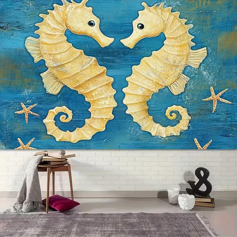 2D Vintage Nautical Seahorse Backdrop 2D Flat Print Blue Ocean Starfish Background
