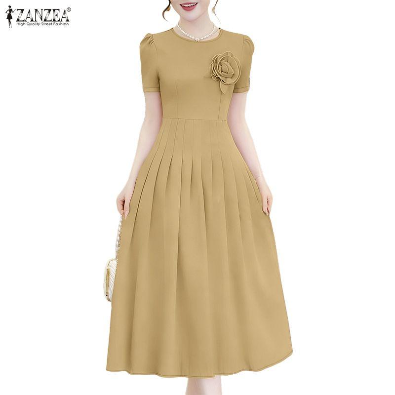 ZANZEA Lässiges Sommerkleid mit Rundhalsausschnitt und kurzen Ärmeln für Damen