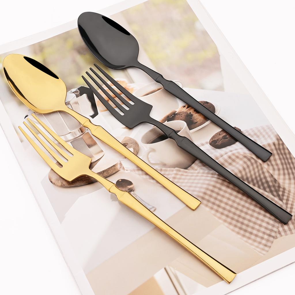 12pcs Black Gold Stainless Steel Dinnerware Set Waist Fork Spoon Chopsticks Tableware Set Mirror Western Kitchen Party Flatware