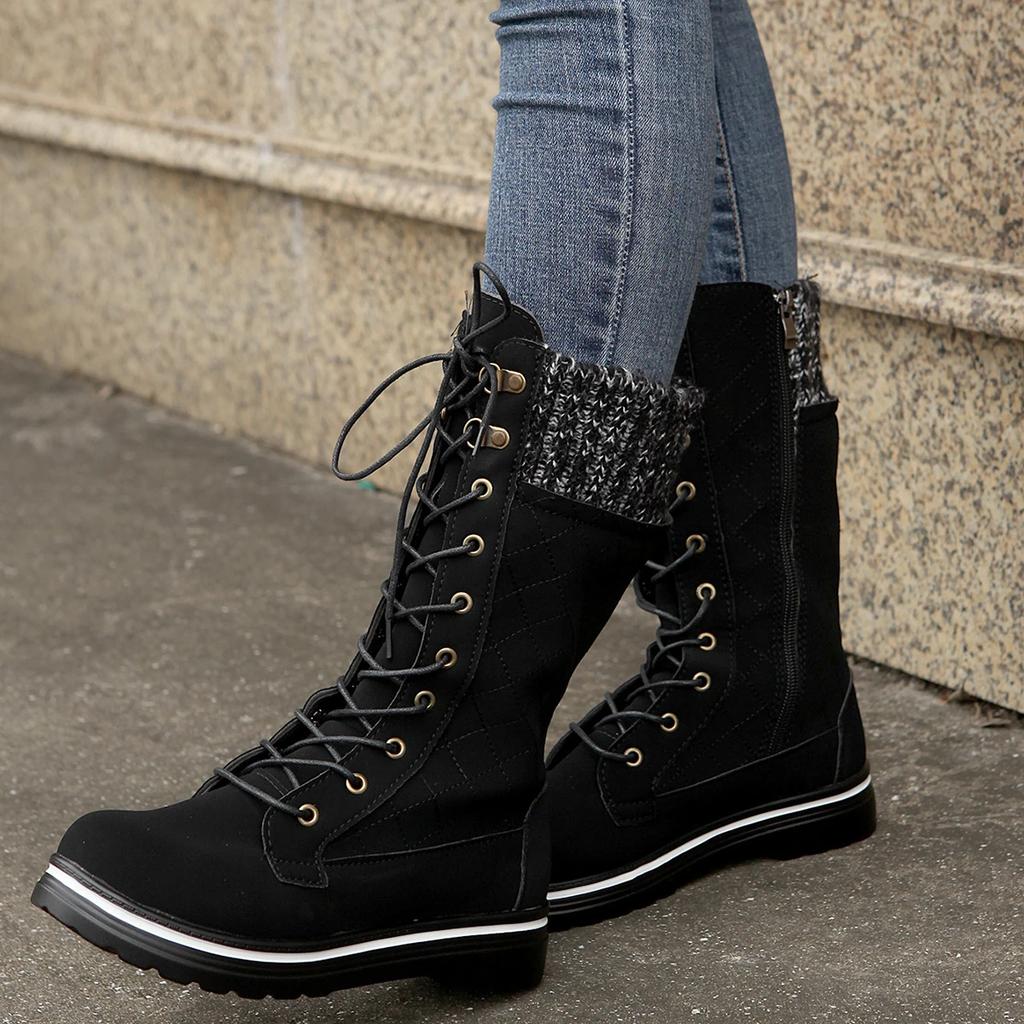 High-quality Winter Warm Boots Women's Winter Side-pull Lace-up Knitted Mid-tube Boots Low-heeled Round-toe Boots Botas De Muje