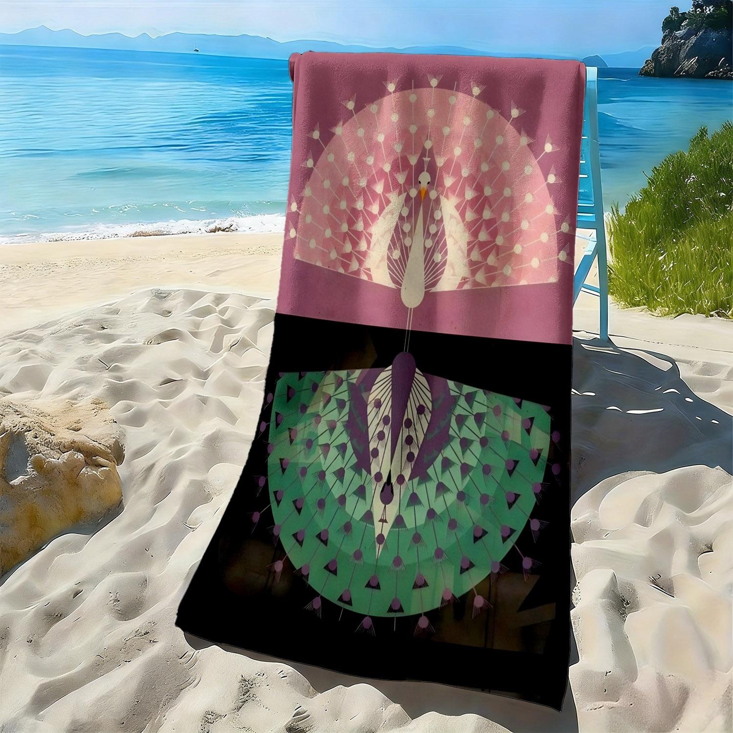 

Pink and green peacock pattern polyester microfiber beach towel is highly absorbent, suitable for swimming and beach outings W30*H60(CM)