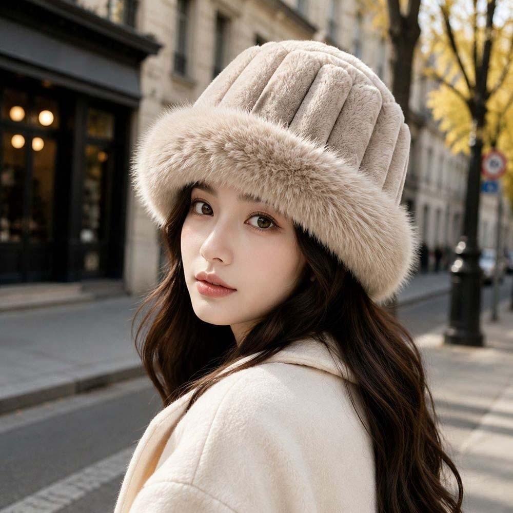 Faux Fur Brim Puffy Bucket Cap Vertical Texture Plush Trapper Hats Fluffy Winter Bonnet Students