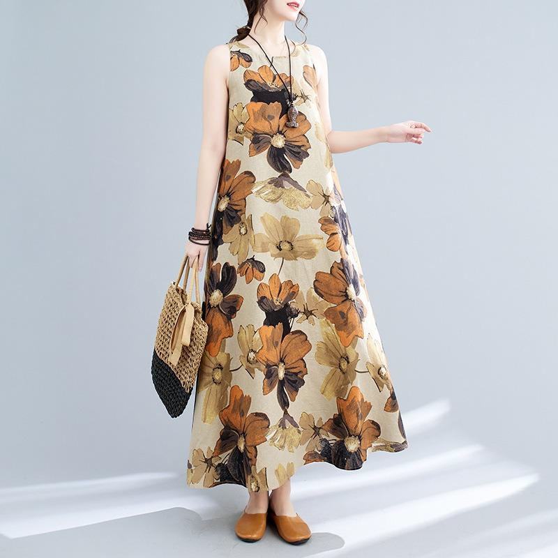 Real Summer New Literary Loose Cotton and Linen Printing Round Neck Sleeveless Dress Women's Medium and Long