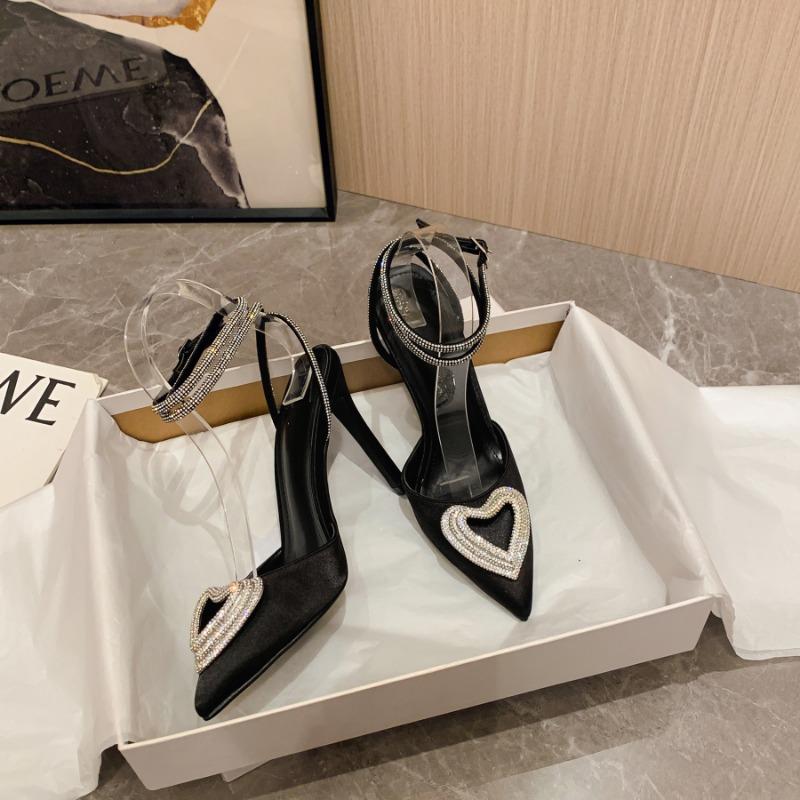 Black bag head sandals women's summer new thin heel love rhinestone strap empty sexy thin heel high heels