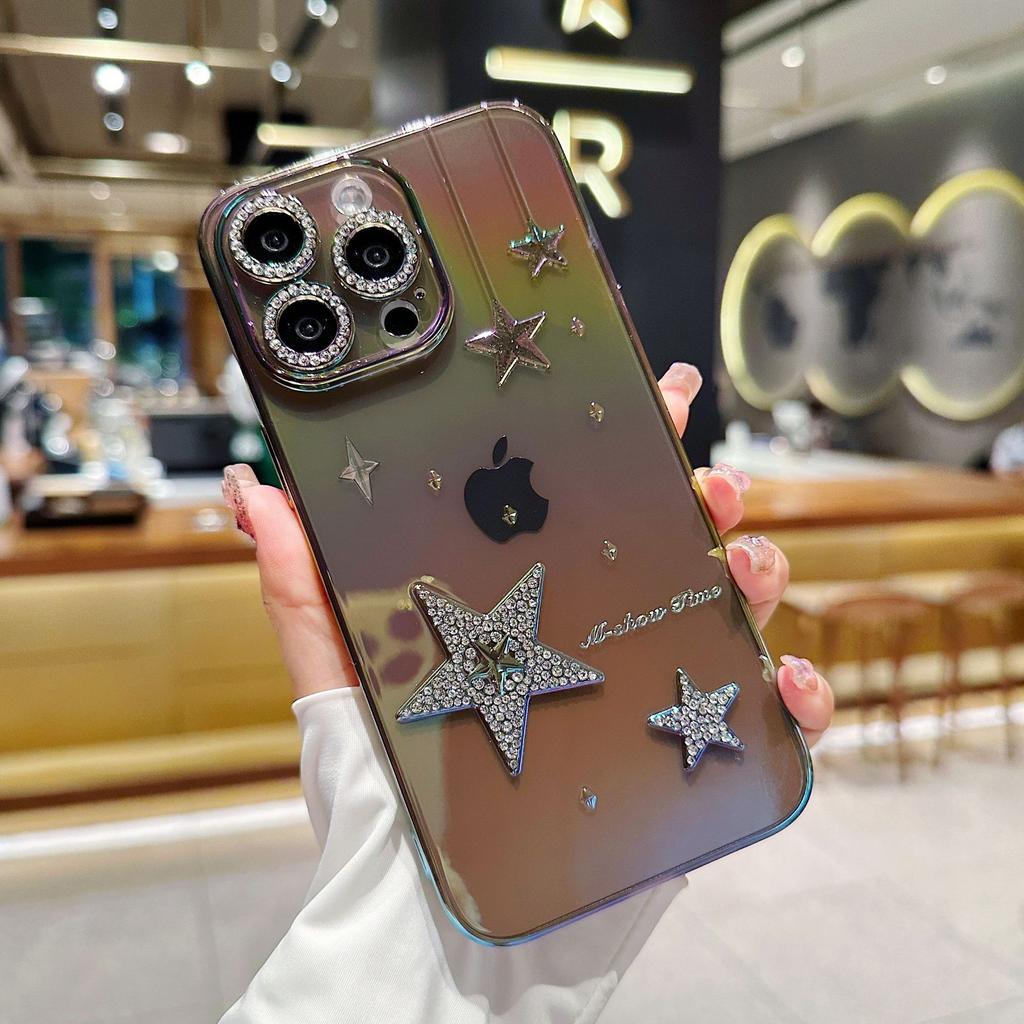 Suitable for Iphone15 Phone Cases with Diamond-encrusted Lenses and Apple 14promax Color-plated Semi-transparent Protective Cases