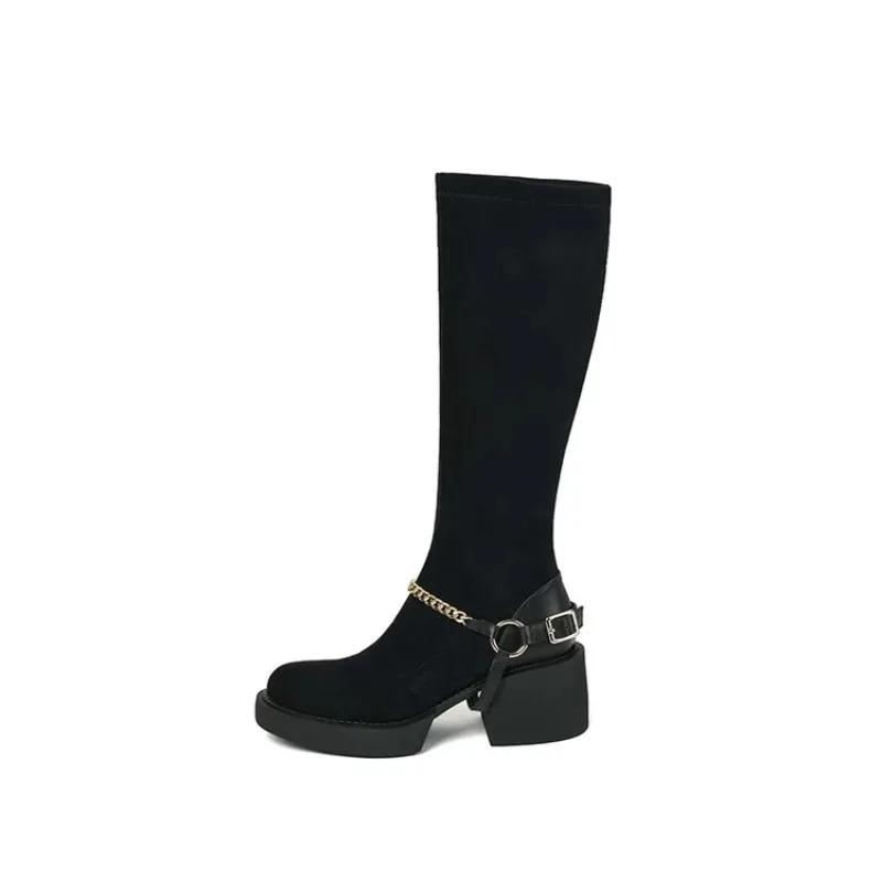Women's Square Heel Ankle Boots Autumn Winter Chain Black Fashion Long Knee-high Boots Women Shoes Outdoor Slip-on Women's Boots