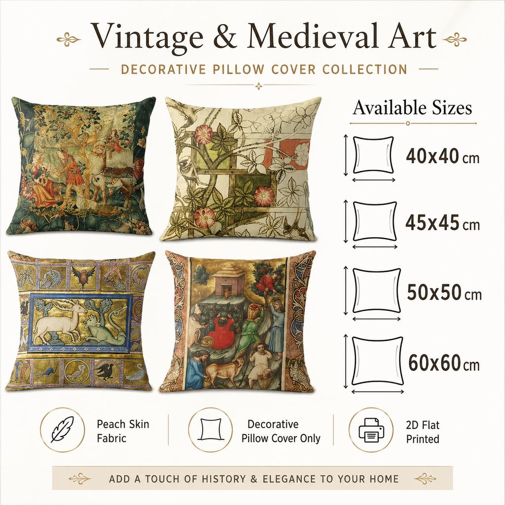 Federa Cuscino Arazzo Medievale Vintage Stampa Piatta 2D Pelle di Pesca Copricuscino da Lancio per Divano Soggiorno Decorazione Casa 45x45cm