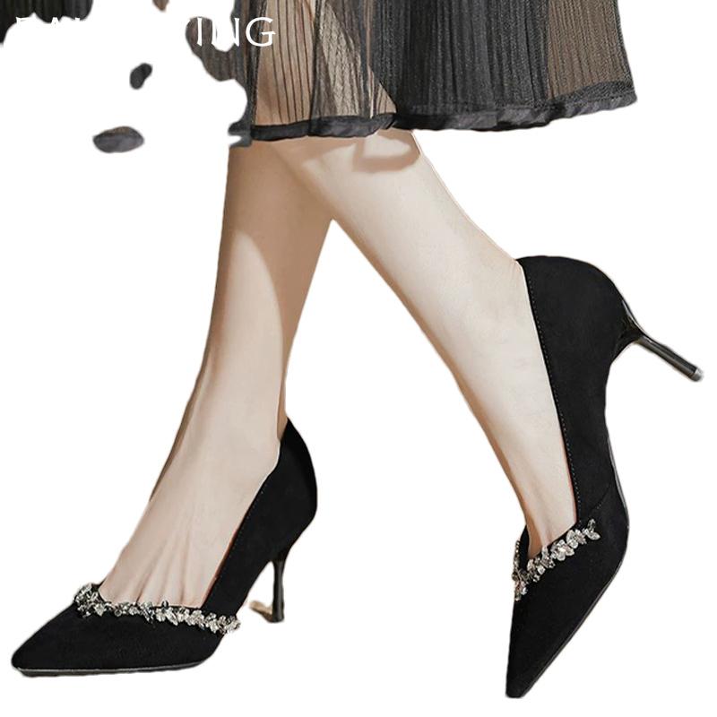 Suede Shallow Women Shoes Crystal Pointed Toe High Heels Elegant Pumps 2025 Trend Fashion Dress Party Winter Mujer Zapatillas