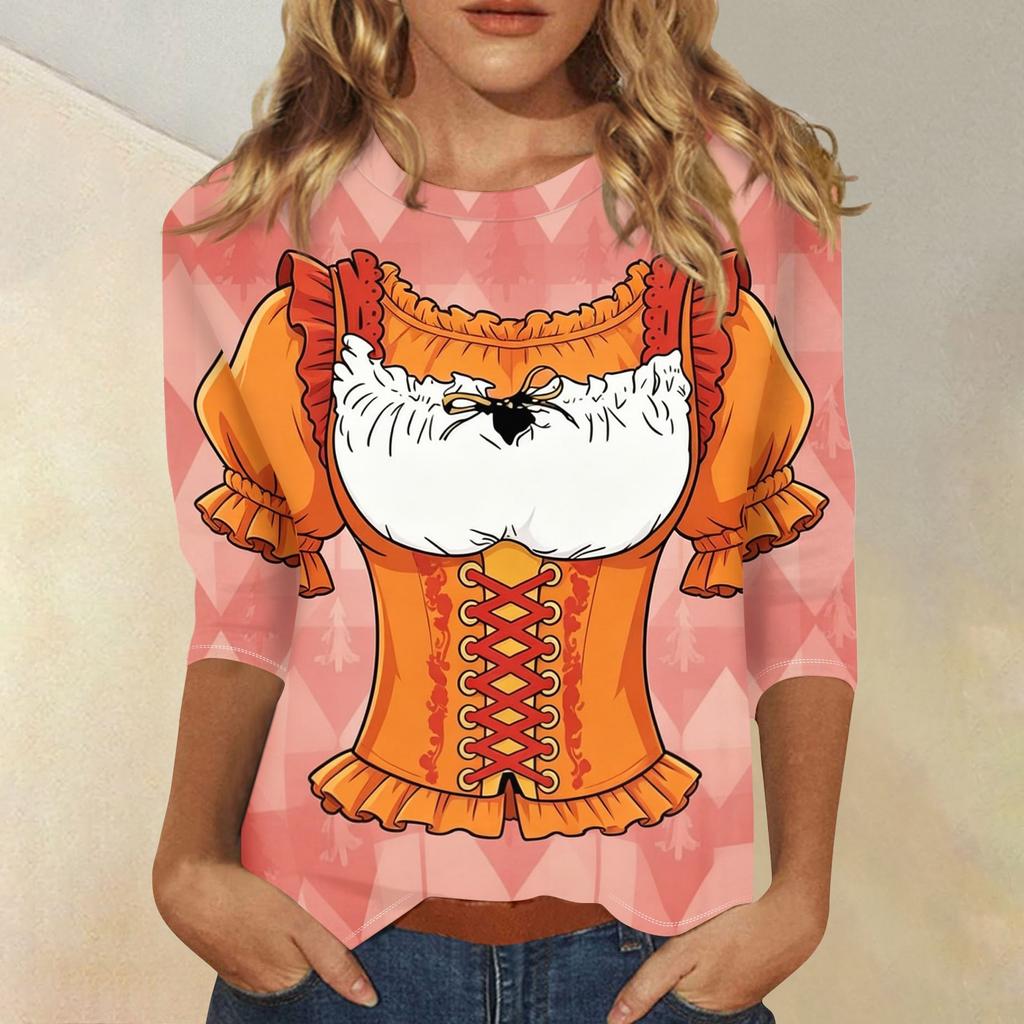 Women Casual Three Quarter Sleeve Oktoberfest Print Round Neck Shirt Lightweight Comfortable Fit Stylish Design