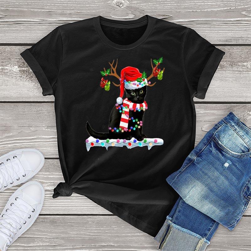 

Cotton Christmas Black Cat Lights T Shirt Women Clothing Summer Kawaii Cat Graphic Tee Tops Unisex Ladies Oversized T Shirt 3XL чорний