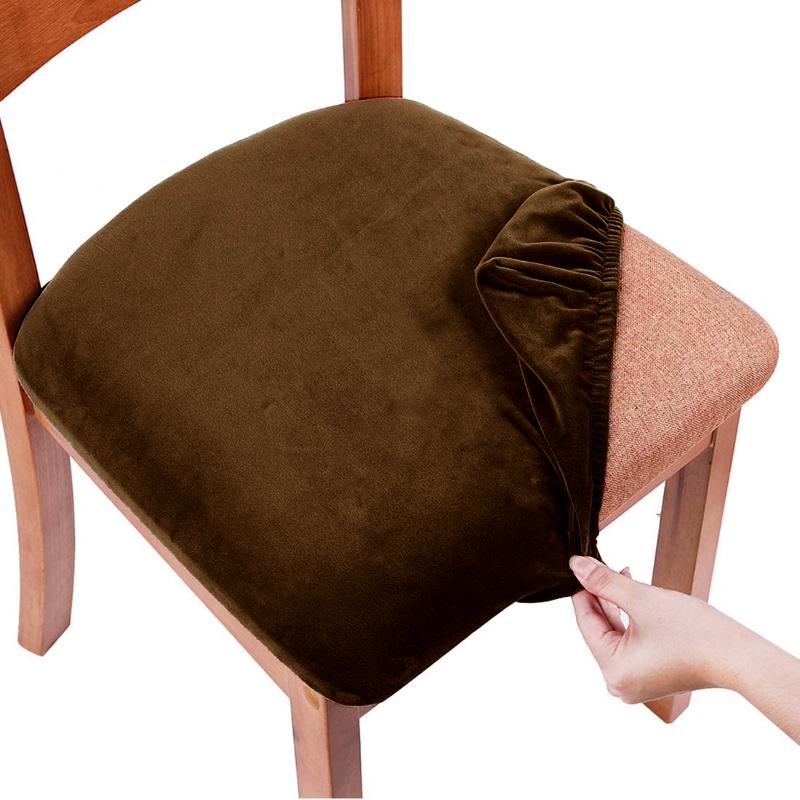 Real Soft Velvet Spandex Dining Room Chair Seat Covers Removable Washable Elastic Upholstered Cushion Slipcover