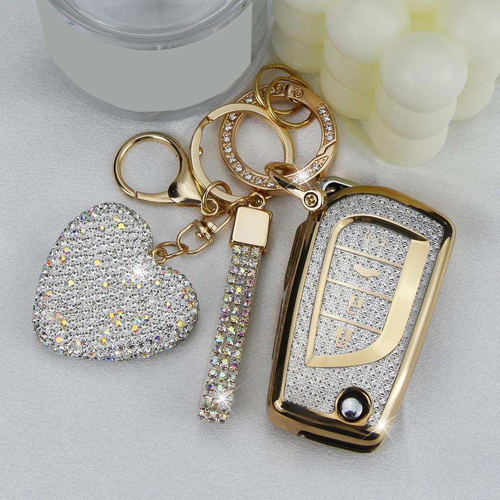 Key Fob Cover with Diamond Keychain, Car Key Holder Compatible with Toyota Avalon Camry Corolla Fortuner Highlander Levin Rav4 Sequoia Sienna Tacoma