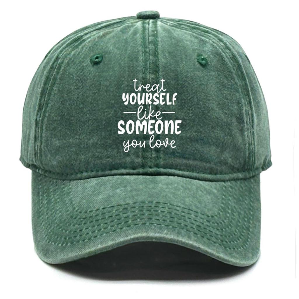 White Text Print Adjustable Baseball Hat, "treat Yourself Like Someone You Love" Trucker Hat Non-Stretch Fabric Adjustable Buckle Curved Brim Sun Hat
