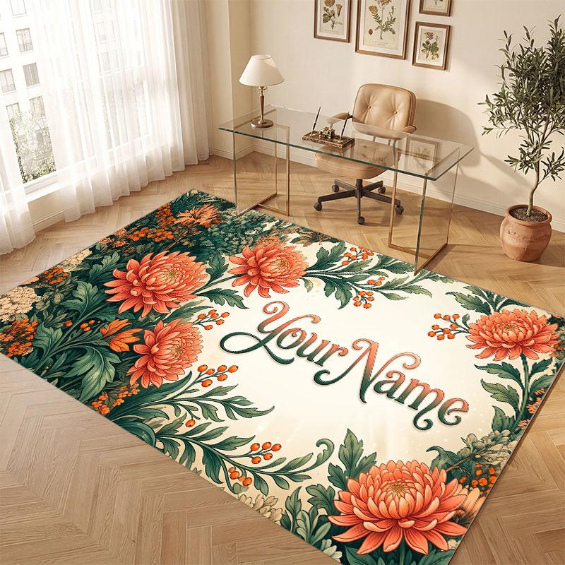 Floral Garden Theme Crystal Velvet Floor Rug Personalized Custom Name Text Warm Carpet Home Decoration