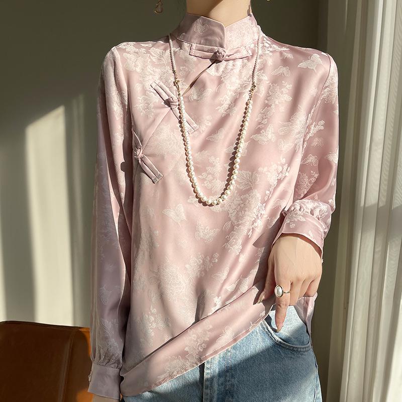 2024 Spring/Summer Women's Chinese Style Satin Jacquard Stand Collar Shirt