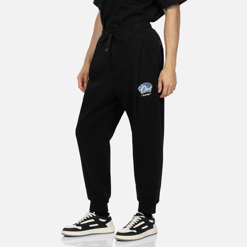 Evisu Seagull Embroidered Casual Tapered Knit Sports Pants Men pants Black 2EAHTM3SP70753DCT