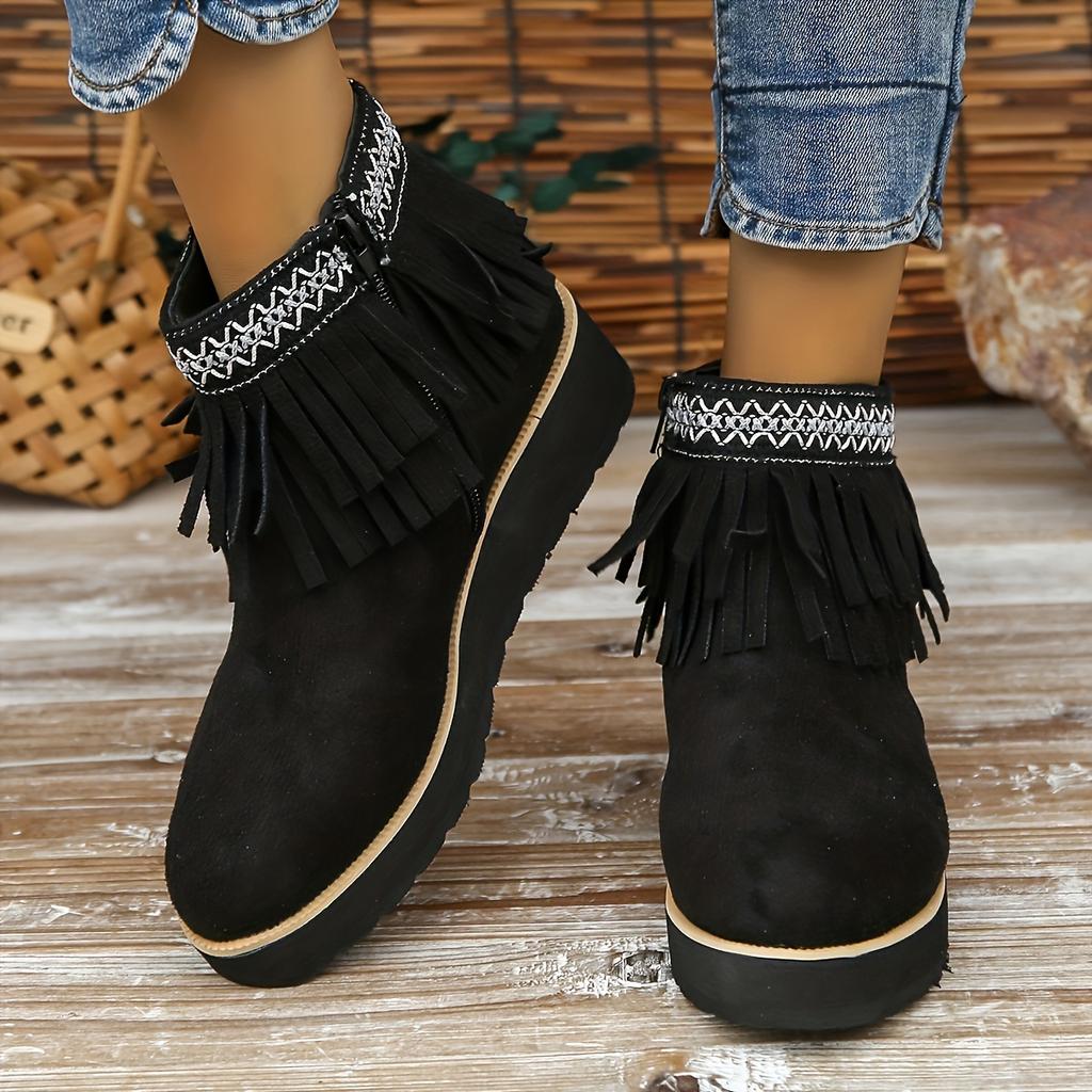 Autumn and Winter New Fringed Boots Women's Fashion Platform Small Wedge Boots Frosted Suede Round-toe Booties