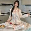 Ice Silk Pajamas Women'S Striped Style Long Sleeves Loose And Thin Temperament Simple Loungewear