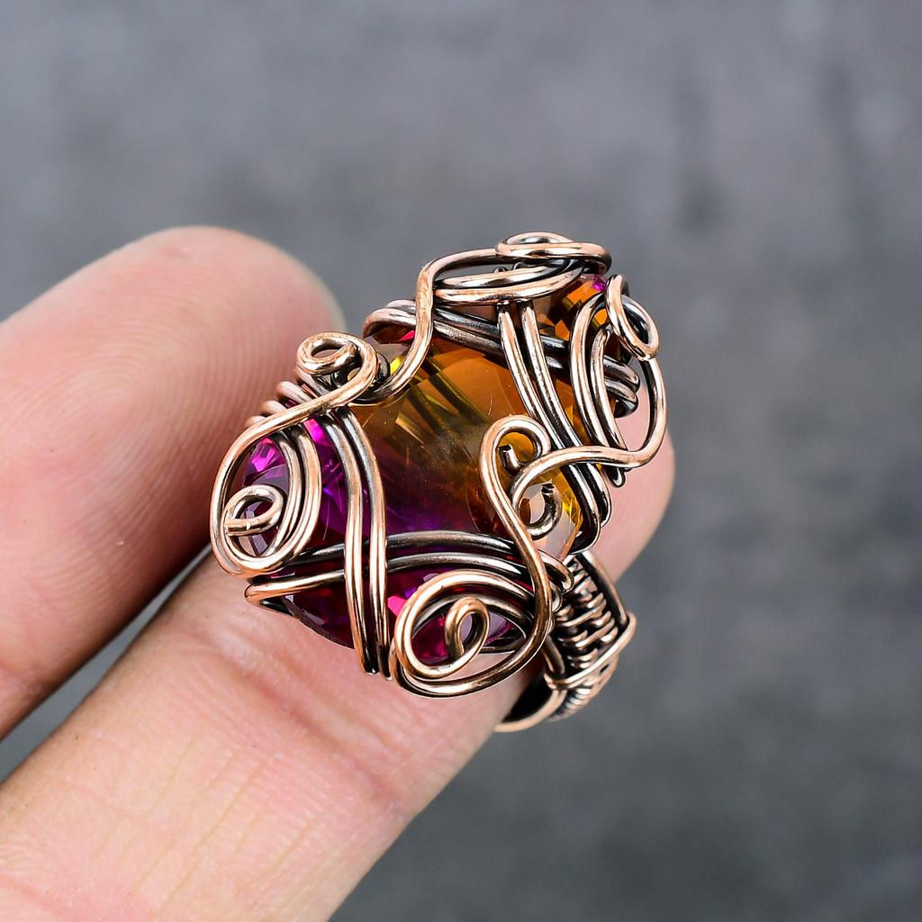 Bi-Color Tourmaline Handmade Copper Wire Wrap Jewelry Ring Size 8 V2f12