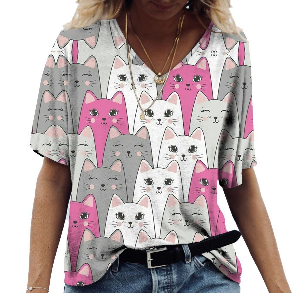 Summer Cartoon Cat Short Sleeved Women's T-shirt V-neck Animal Print T-shirt Loose Comfortable Plus Size T-shirt