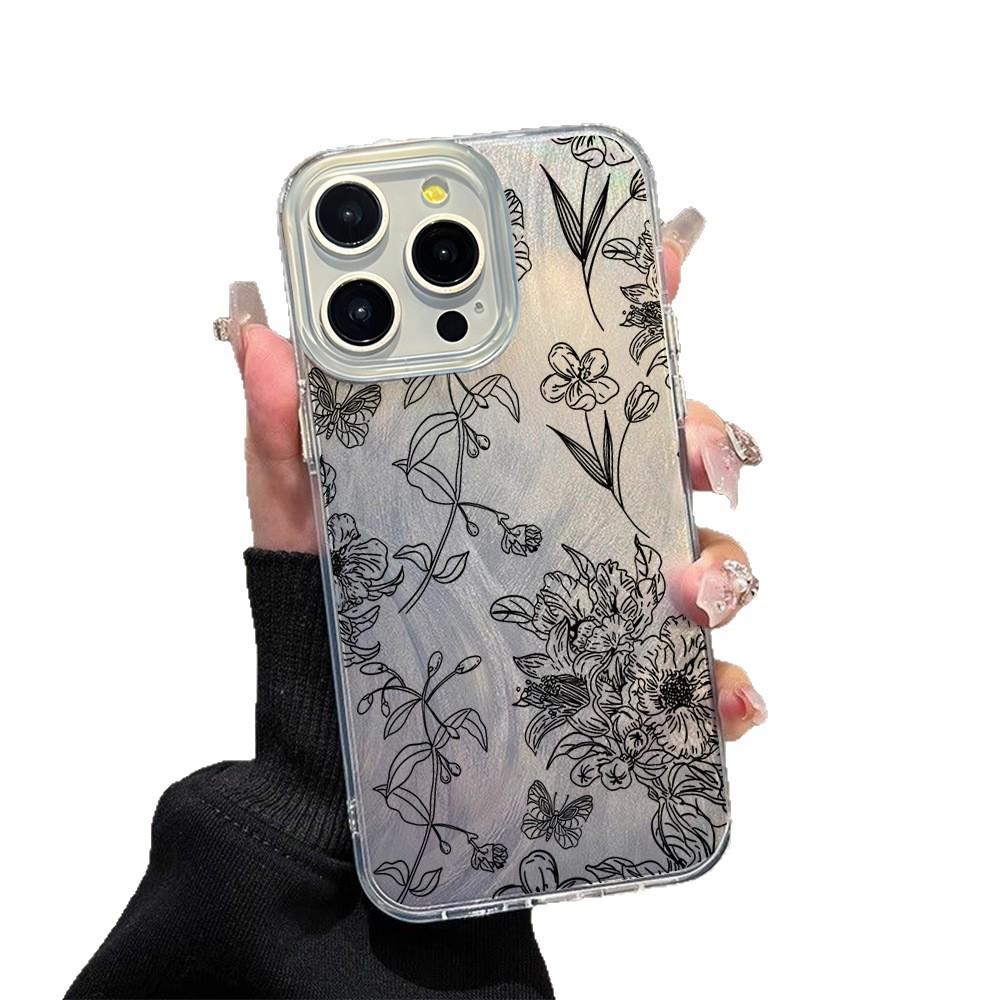 Mobile Phone Case Apple 17pro Line Flower Iphone12 Feather Yarn Case 16pm Hard Case Creative 13pro Female