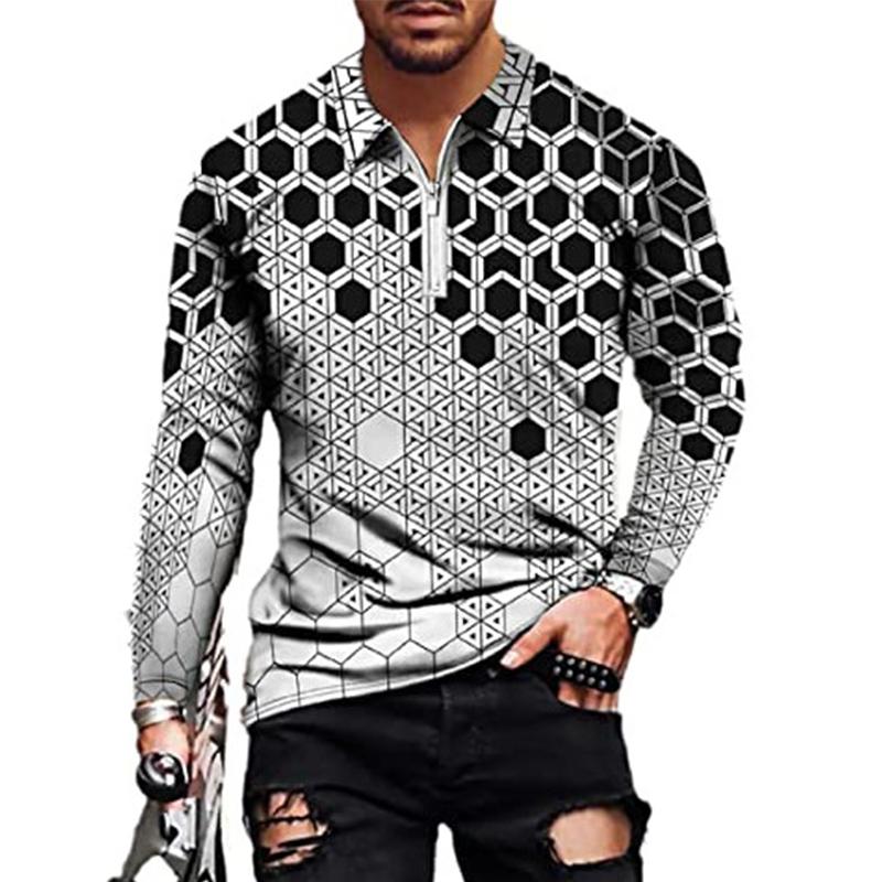 

Рубашки поло мужские с длинным рукавом модные серые с сотовым принтом новые мужские рубашки поло футболка на молнии с длинными рукавами топ