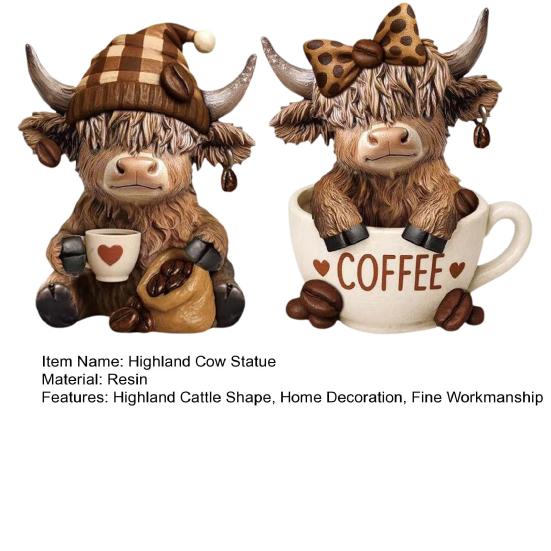 Yousheng 1/2Pcs Coffee Cup Highland Cow Figurine Coffee Bean Highland Cattle Resin Statue Sculpture Decoration Ornament Calf Lovers Gifts