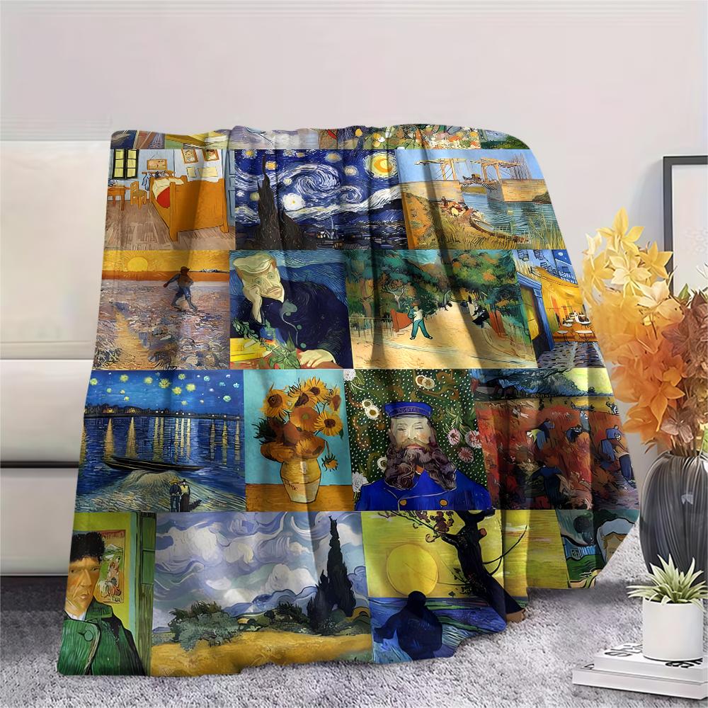 1Pc Van Gogh Painting Print Flannel Blanket, High Quality Comfortable for All Seasons, Home Decor, Warmth and Comfort, Perfect for Christmas Gifts