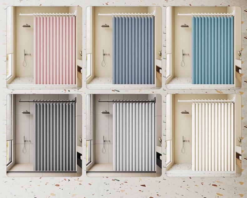 Durable Linen-Like Folding Shower Curtain with Telescopic Rod for Bathroom Optimization