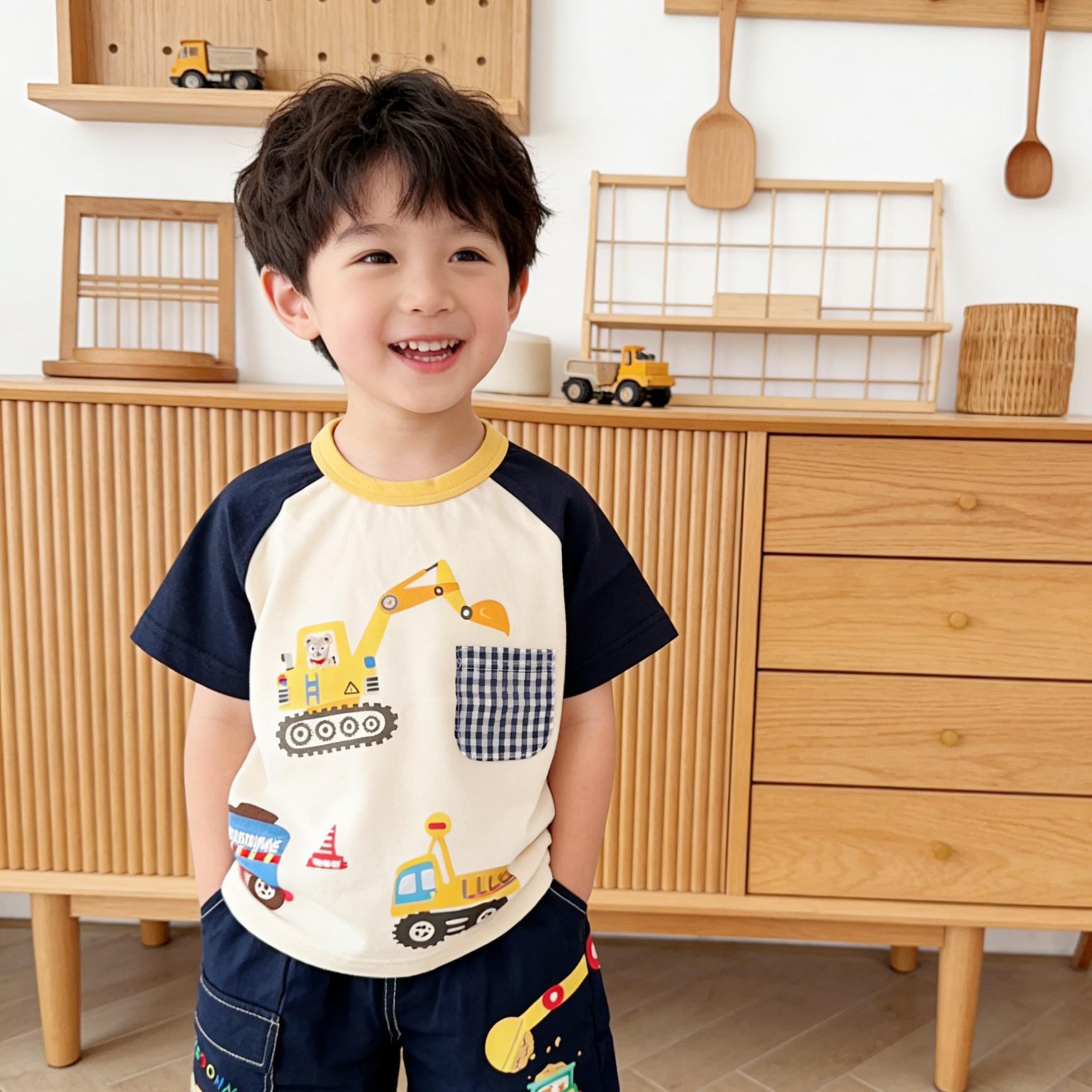 2026 Summer Boys Cartoon Print Round Neck Short Sleeve T-shirt 130cm