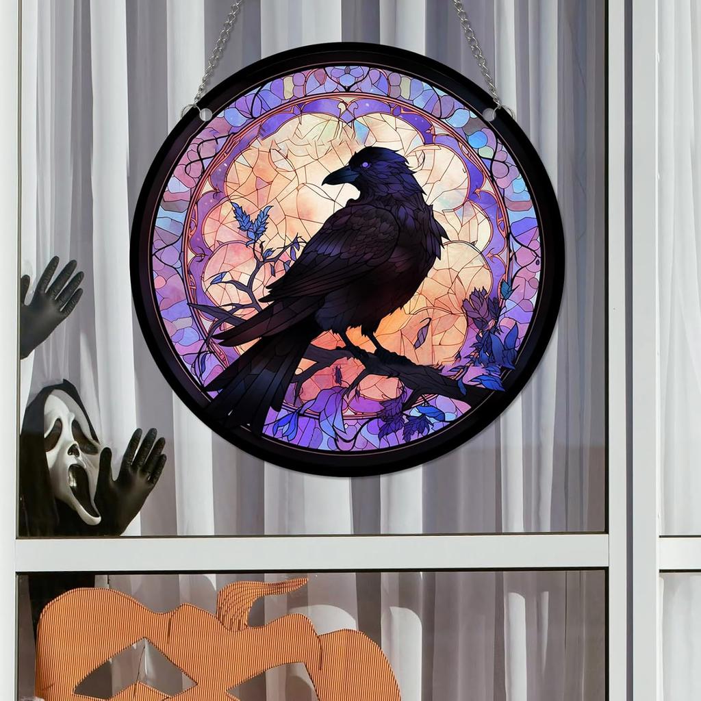 Crows Halloween Decor Reddish Purple Crow Stained Acrylic Window Hanging, Halloween Fall Horror Gothic Witchy Indoor Round Wall Art Decor Raven Gifts