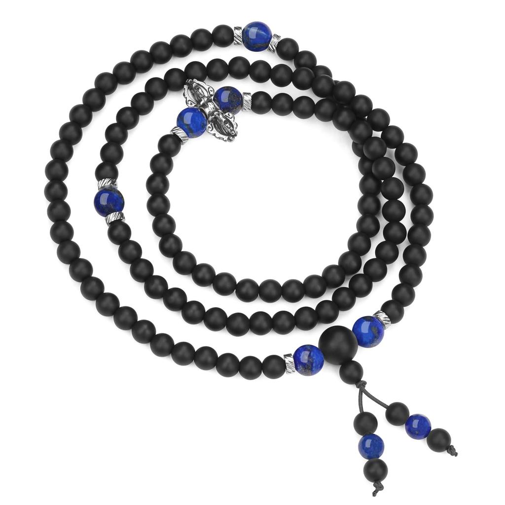Vajra Pestle 108 Beads Lapis Lazuli Matte Onyx Power Stone Necklace Bracelet Prayer Beads for Men Women [Coai]