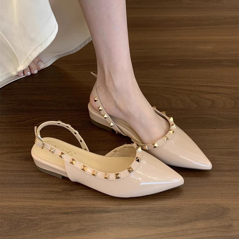 French temperament pointed head nude rivets thick-soled wedge heel single shoes women's 2025 new patent leather bag head sandals women's summer