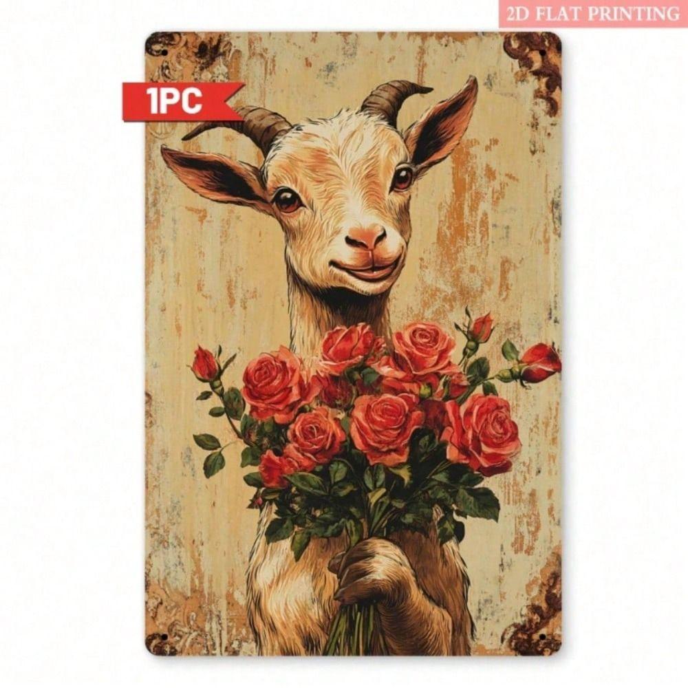 Tin Sign Wall Art Vintage Goat with Roses Farmhouse Decor Metal Poster