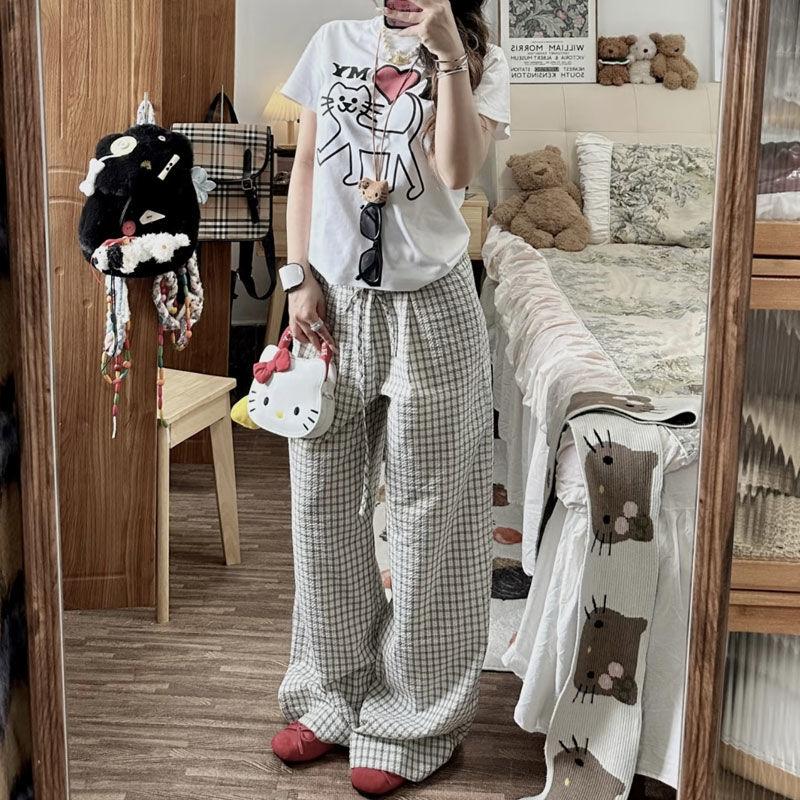 Summer Retro American Relaxed Fit Drawstring Low-Rise Wide-Leg Plaid Casual Pants - Textured Grid Trendy Trousers